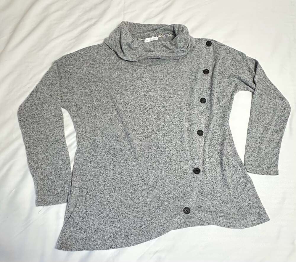 Retrology Gray Cowl Neck Asymmetric Button Accent Long Sleeve Sweater XL